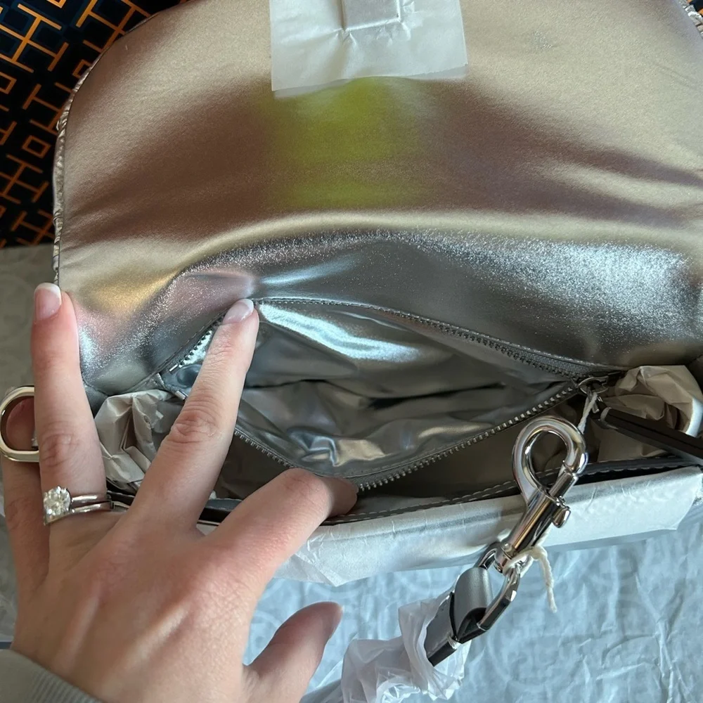 Tory Burch Britten Metallic Puffy Convertible Crossbody Bag Silver